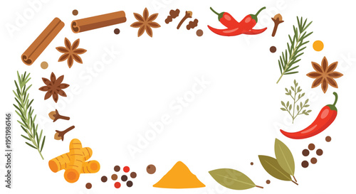 An oval frame of various colorful culinary spices and herbs like cinnamon, star anise, chili, rosemary, turmeric, and peppercorns on white.