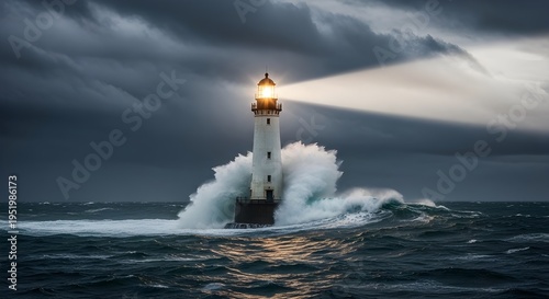 A lone white lighthouse stands firm amidst a violent storm. Crashing waves explode against its base as a single, powerful beam of light pierces the dark, heavy clouds.