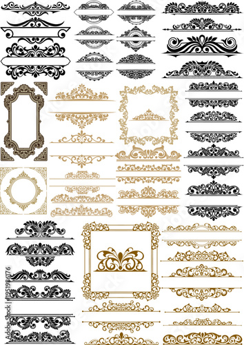 Collection of black and gold ornate vintage floral frames borders and dividers design elements on white background