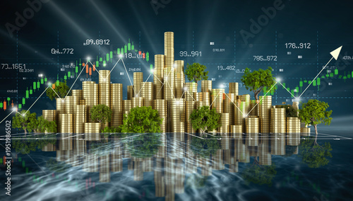 Financial growth with coins and trees showing investment opportunities and market trends in a digital landscape