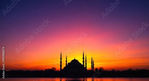 Silhouette of mosque at sunset