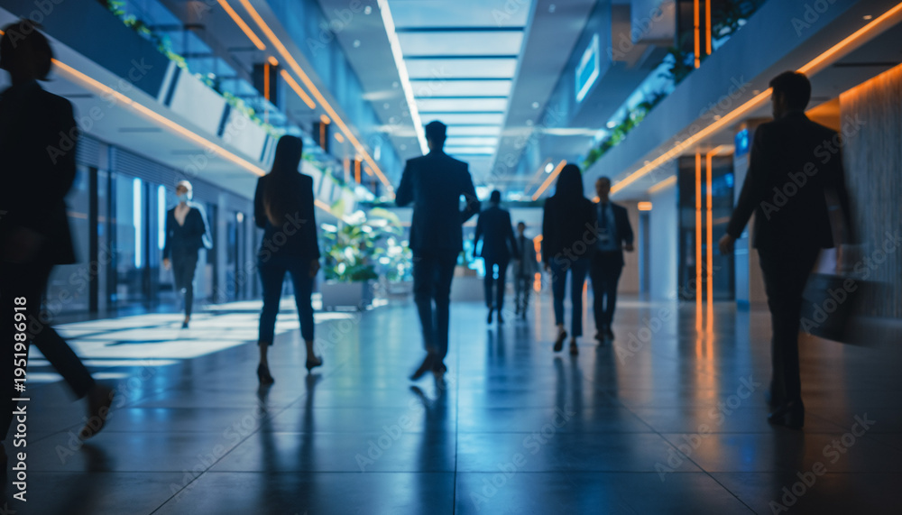 Fototapeta premium Business people walking in a modern office building during daytime hours in a busy urban area