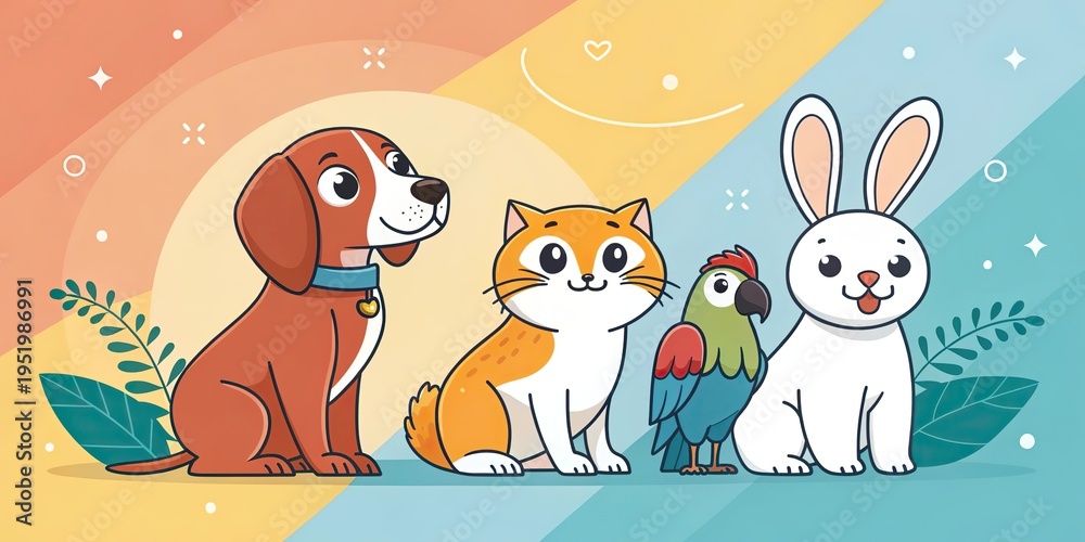 Fototapeta premium National Pet Day Banner with Dog Cat Rabbit and Parrot Cartoon Characters