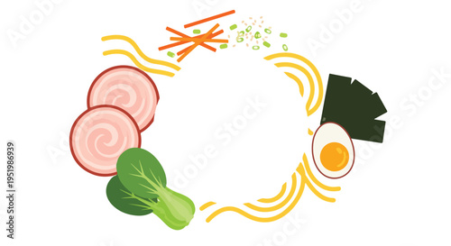 A vibrant circular frame of stylized ramen ingredients including chashu, noodles, bok choy, egg, carrots, scallions, and nori, on a white background.
