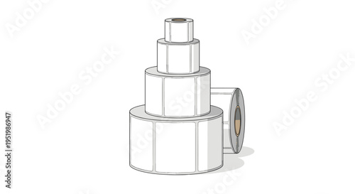 A stack of five white label rolls, decreasing in size, stands beside a horizontally placed white label roll on a clean white background.