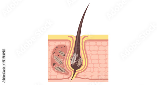 A cross-section of human skin shows a hair follicle and sebaceous gland infested with multiple segmented parasites.