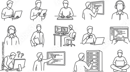 Collection of line art icons depicting diverse technology professionals working with computers and devices.