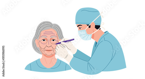 A doctor in scrubs and a mask marks an elderly woman's wrinkled face with a pen for a cosmetic procedure.