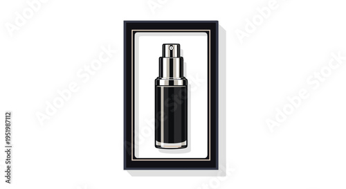 A sleek black and silver spray bottle with a silver pump and cap is centered within a thick black rectangular frame on a plain white background.