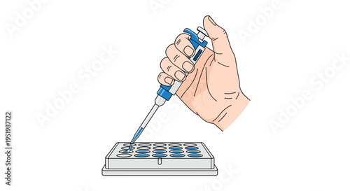 A light-skinned hand holds a blue and white single-channel pipette, dispensing blue liquid into a white fifteen-well microplate on a plain white background.