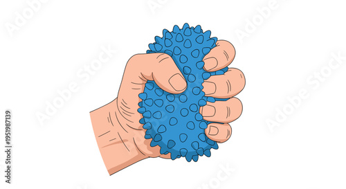 A human hand is actively compressing a blue spiky sensory ball on a white background.