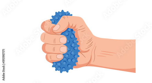 A human hand is firmly squeezing a blue spiky stress relief ball against a white background.