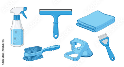 A collection of blue cleaning tools including a spray bottle, squeegee, cloth, brush, scraper, and suction cup handle is shown.