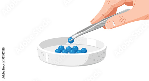 A hand uses silver tweezers to place a blue bead into a white petri dish containing other blue beads.