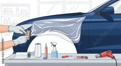 Two gloved hands apply a clear protective film to a blue car fender, with various tools laid out on a table.
