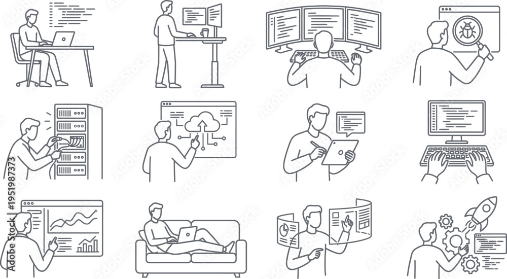 Obraz premium Modern line art icons illustrate diverse IT professionals, developers, and engineers interacting with technology.