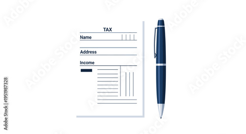A white tax form with fields for Name, Address, and Income is displayed next to a large blue pen against a plain white background.