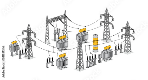 An isometric illustration of an electrical substation with grey transmission towers and yellow-topped transformers against a white background.