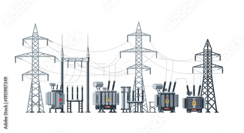 A detailed illustration of an electrical substation with multiple power lines, tall transmission towers, and various transformers against a white background.