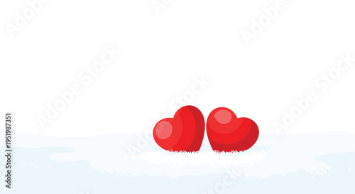Two glossy red heart shapes rest side-by-side on a textured white and light blue surface against a plain white background.