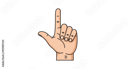 A light-skinned hand with a distinct black outline shows a raised index finger pointing upwards against a plain white background.