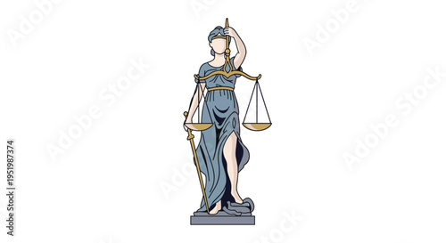 A stylized statue of Lady Justice stands upright, holding golden scales and a golden sword.