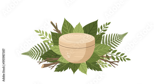 A round wooden bowl with a lid is nestled among green leaves, ferns, and twigs on a white background.