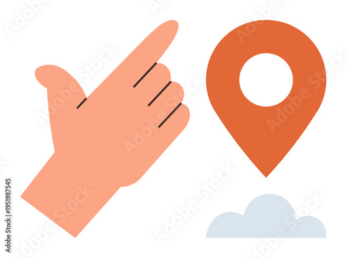 Navigation, travel planning, route finding, point of interest, location services, map tools. Hand pointing near an orange location pin and a cloud. Navigation and travel planning