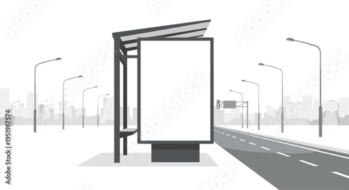 A minimalist grayscale bus stop shelter with a blank billboard stands next to a road with streetlights and a city skyline.