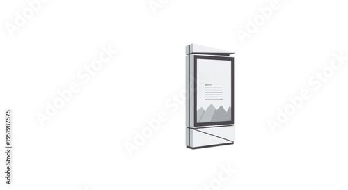 A slender, modern digital information kiosk with a minimalist screen graphic stands isolated on a plain white background.
