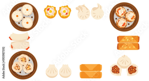 A vibrant vector illustration displaying a variety of traditional Chinese dim sum, including steamed buns, shumai, dumplings, and spring rolls.