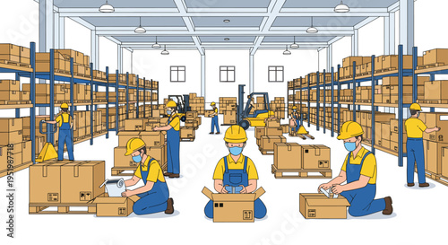 Multiple masked workers pack and tape cardboard boxes in a large, detailed warehouse environment.