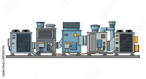 Five distinct industrial HVAC units with colorful pipes and control panels are arranged on a gray platform.