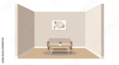 A minimalist living room showcases a light gray sofa, a wooden coffee table with a plant, and an abstract painting.