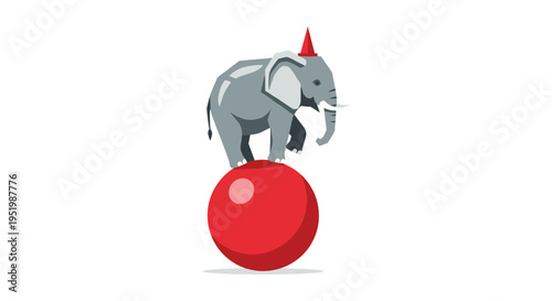 A grey elephant wearing a red party hat balances on a large red ball on a white background.