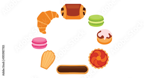 A colorful vector illustration displays a delightful circular assortment of various classic French pastries and desserts on a white background.