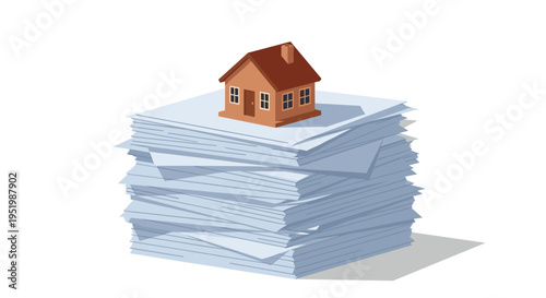 A small, brown-roofed house with beige walls rests on a tall stack of numerous plain white papers.