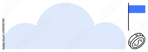 Cloud computing, digital storage, cryptocurrency, achievement, online services, data monetization. Blue cloud, coin with currency symbol and flag. Cloud computing and digital storage metaphor