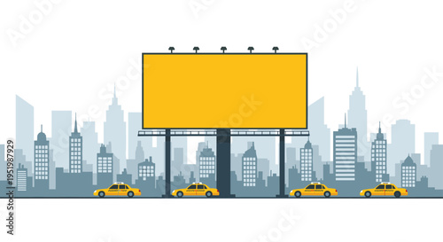 Four yellow taxi cabs drive on a grey road in front of a large blank yellow billboard and a grey city skyline.