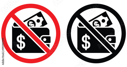 No wallet icon, prohibition sign indicating wallets or cash not allowed, payment restriction, or financial access limitation concept vector