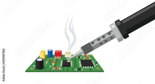 A close-up shows a soldering iron tip touching a silver component on a green circuit board, emitting smoke.
