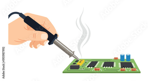 A hand holds a soldering iron, applying heat to a yellow component on a green circuit board, with smoke rising.