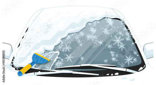 A blue and yellow ice scraper is clearing snow and ice from a car's front windshield covered in snowflakes.