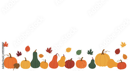Various illustrated pumpkins, squash, and autumn leaves are arranged along the bottom edge of a white background.