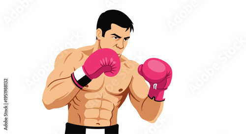A muscular male boxer with dark hair and pink gloves is in a fighting stance on a white background.