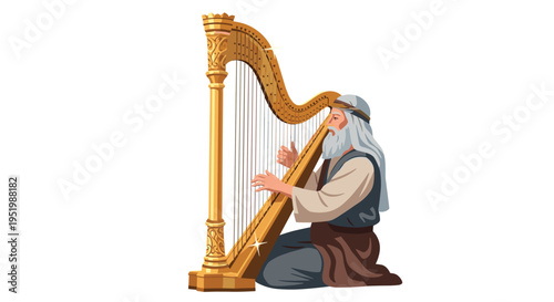 An old man with a white beard kneels, playing a golden harp with a crown carving and a sparkle on a white background.