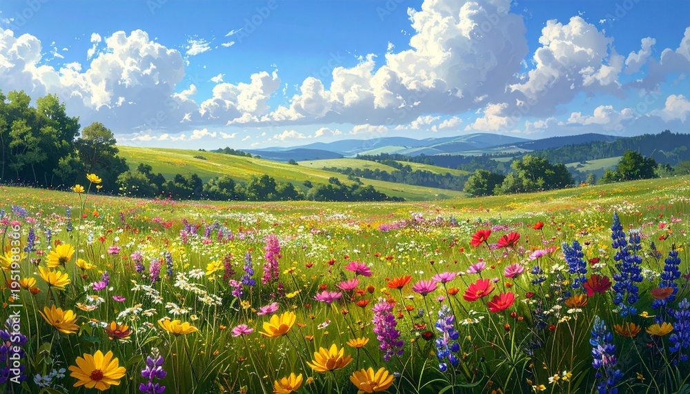Obraz premium vibrant wildflower meadow in full bloom under sunny blue sky with clouds
