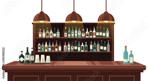 A wooden bar counter with two shelves full of liquor bottles and three hanging pendant lamps is depicted.