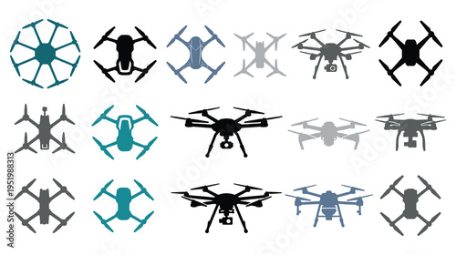 Drone silhouettes collection with various quadcopter models isolated