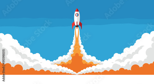 A red and white rocket launches upwards into a blue sky, producing a massive cloud of orange and white smoke from its base.